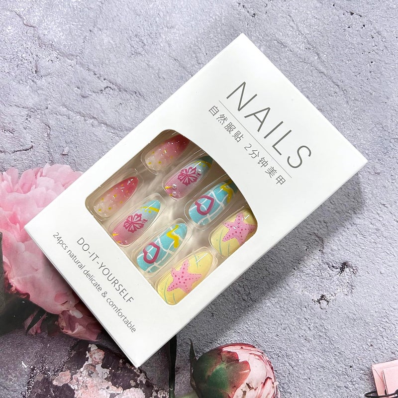 CJDLTS Colorful Flower Medium Almond Shaped Artificial Acrylic Nail 3D Gradient Floral with Love Heart Pearl Design Stick on Nails Full Cover Reusable Coffin Press on Nails Artificial Fingernails for Women - Image 5